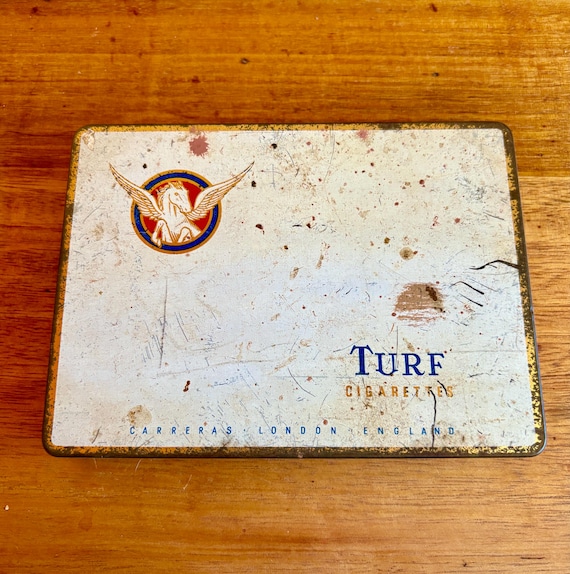 Vintage 1940s Carreras Turf Cigarettes Tin Pegasus Logo Tobacco Advertising  London England Tobacco Collectible Rustic Tobacco Tin Decor