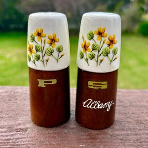Vintage 1970s Albany Salt and Pepper Shakers – Retro Wood and Ceramic Flower Power Australia Souvenir