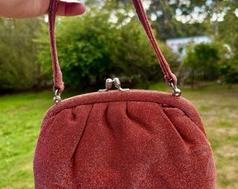 Vintage 1950s Metallic Lame Evening Bag – Rose Gold Copper Lurex Clutch, Likely Japanese Mid Century Cocktail Purse