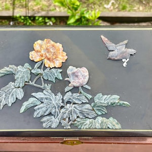 Vintage 1970s Black Chinese Jewellery Box with ornate designed carved jade stone inlay. Well preserved, Lovely gift for someone.