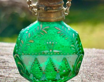 Antique Green Glass Perfume Bottle c1900  Enamel Floral Scent Necklace  Vintage Brass Top Pendant