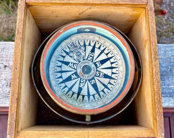 Antique Brass Ships Compass in Oak Box c1890–1915 – J.H. Steward London Maritime Navigation Instrument, Nautical Scientific Collectible