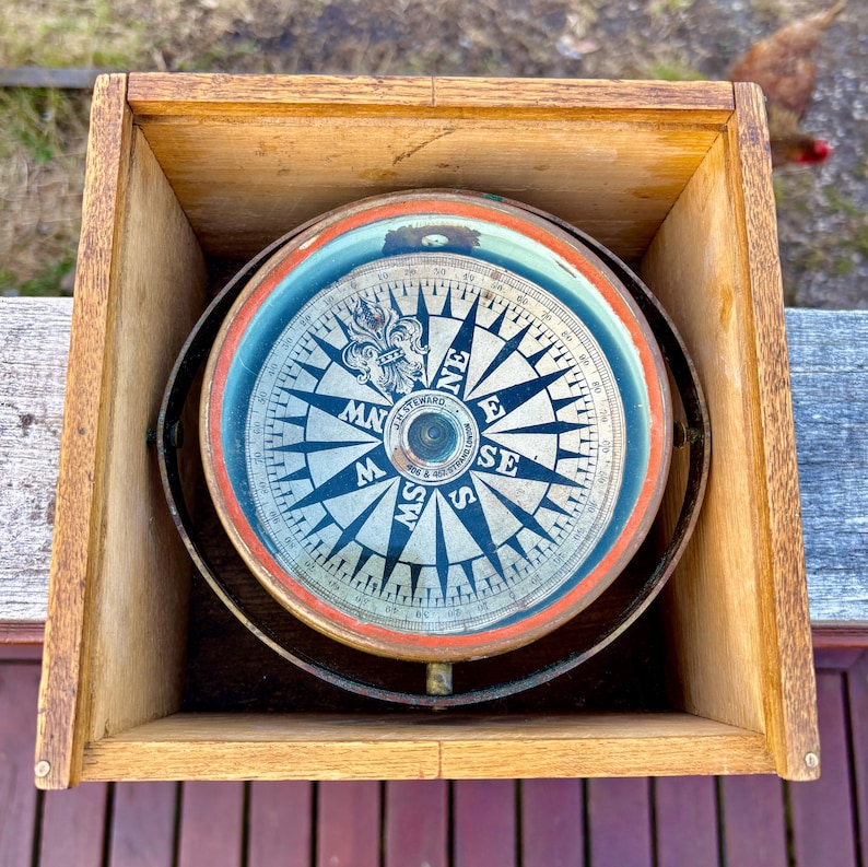 Antique Brass Ships Compass in Oak Box C1890–1915 – J.H. Steward London ...
