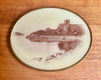 Original c.1900 Valentine and Sons Sepia Photograph Dunollie Castle, Oban Clan McDougall Ancestral Seat Scottish Antique in Brass Oval Frame