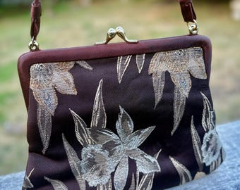 Vintage 1950s Mayfair of Melbourne Floral Evening Bag, Brown Gold Brocade Kiss Lock Handbag, Mid Century Cocktail Purse
