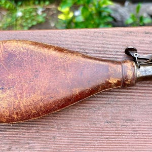 Antique Leather Powder Flask  Mid-19th Century Shotgun Flask Vintage Black Powder Hunting Accessory Rustic Decor Military Collectible