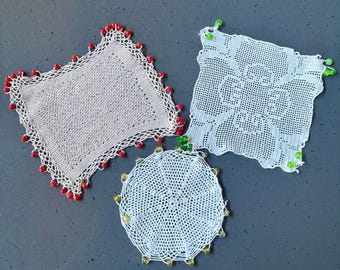 Antique Hand-Made Jug Covers – Set of 9 Victorian and Edwardian Filet Lace, Beaded & Crochet Pitcher Covers – c.1900