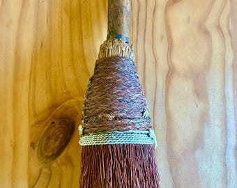 Antique Hand-Bound Hearth Brush or Folk Utility Brush, Primitive Wood Handle & Natural Fibre Bristles, Old World Rustic Decor