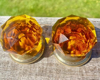 Vintage pair of Amber Glass Door Knobs, Faceted Honey Crystal with Brass Bases, Circa 1960s-70s.