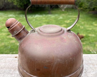 Antique Copper Whistling Kettle c.1920s–40s | Rustic Farmhouse Stovetop Kettle | Wooden Handle | Primitive Kitchen Decor