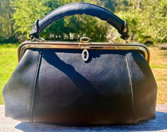 Vintage Fiorelli Black Frame Handbag, Structured Doctor Style Bag, Retro Minimal Evening Handbag