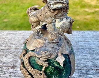 Vintage Chinese Serpentine Stone Guardian Sphere with Dragon & Lion, Jade-Look Carving, 20th Century Decorative Object