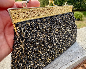 Vintage 1950s Beaded Evening Bag, Black Gold Hong Kong Clutch Purse, Ornate Frame Cocktail Handbag