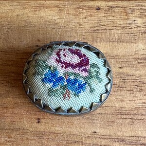 Vintage Cloisonné Pill Box with Embroidered Rose Top | Miniature Patch or Snuff Box | Petit Point Floral Trinket Box Gift