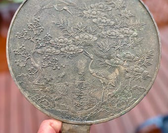 Large Antique Japanese Bronze Mirror 25cm Meiji Period Kagami Crane Turtle Pine Motif Original Box Wabi Sabi Wall Decor