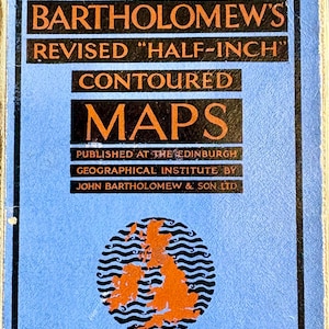 May include: A vintage Bartholomew's Revised Half-Inch Contoured Map, Sheet 54, Skye and Wr Ross. The blue cover features an orange map of Great Britain, the royal coat of arms, and text detailing the Edinburgh Geographical Institute publication.