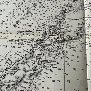 Può includere: Una carta nautica dettagliata con numerosi scandagli, indicatori di navigazione e toponimi. La mappa presenta l'area di Puerto Princesa, con misure in piedi e metri.