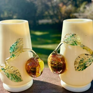 Pair of rare Uranium Satin Glass Vases with Applied Fruit | Czech or Murano Style | Glow Under UV | Mid-Century Art Glass | Rare Vintage