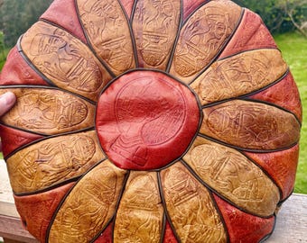Vintage Moroccan Hand-Tooled Leather Pouf Ottoman • Rare Embossed Portrait Design • 1960s-70s Handmade