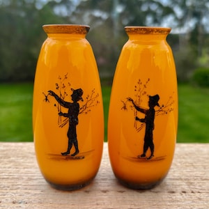Pair of Mid-Century Amber Glass Vases with Silhouette Boy Design – 1940s–50s Czech German Style