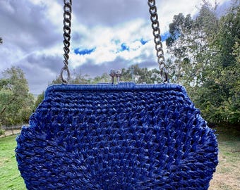 Vintage 1960s Blue Raffia Evening Bag, Made in Japan, VenElli Woven Clutch with Chain Strap