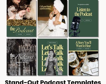 May include: A collection of six podcast templates with a dark green and gold color scheme. The templates feature images of people, microphones, and text such as "the Podcast" and "Let's Talk". The text "Stand-Out Podcast Templates" is also visible.