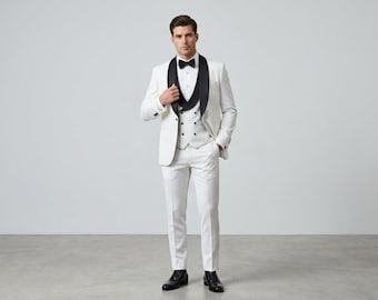 White Three Piece Tuxedo – Black Shawl Lapel, Groom Wedding Outfit, Slim Fit Blazer Set