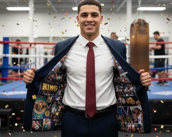 Op maat gemaakte boksblazer met fotovoering — Champion-collage, op bestelling gemaakt