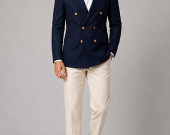 Blazer doppiopetto blu navy da uomo, giacca sportiva su misura, giacca da lavoro con bottoni dorati, blazer per ricevimento di nozze, abbigliamento formale maschile