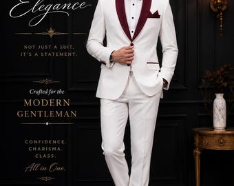 White Wedding Blazer for Men, Burgundy Shawl Lapel Tuxedo Jacket, Luxury Groom Blazer, Modern Formal Dinner Jacket
