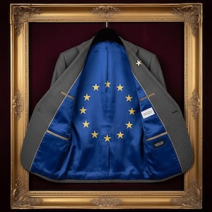 Op de afbeelding: Een grijze blazer met een blauwe voering met gouden sterren in een cirkel, die de vlag van de Europese Unie weerspiegelt. De jas wordt gepresenteerd in een gouden, sierlijke lijst tegen een donkerrode achtergrond. Een enkele sterrenspeld is zichtbaar.