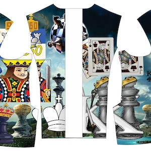 May include: A digitally printed shirt with a collage design incorporating playing cards, chess pieces, and a football against a blue sky. The design includes a King of Spades card and various chess pieces.