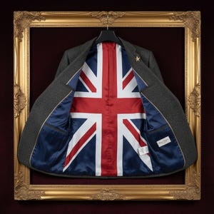 May include: A gray blazer with a Union Jack lining, displayed within a gold ornate frame. The jacket's interior features the red, white, and blue flag design. A gold star pin adorns the lapel. The blazer is suspended from a black hanger.