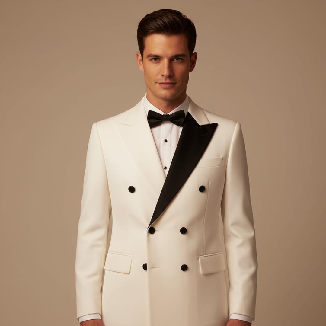 Ivory Double-breasted Tuxedo Jacket: Black Shawl Lapel Dinner