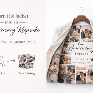 May include: A beige jacket with a custom lining featuring wedding photos. The lining includes the text "Our Anniversary Forever" and the date "08.30.2023". The image also shows the text "Turn His Jacket into an Anniversary Keepsake".