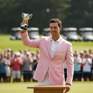 Peut inclure: Un homme en blazer rose tient un trophée argenté sur un terrain de golf. Il se tient sur un podium en bois, avec une foule en arrière-plan. Des voiturettes de golf sont visibles au loin.