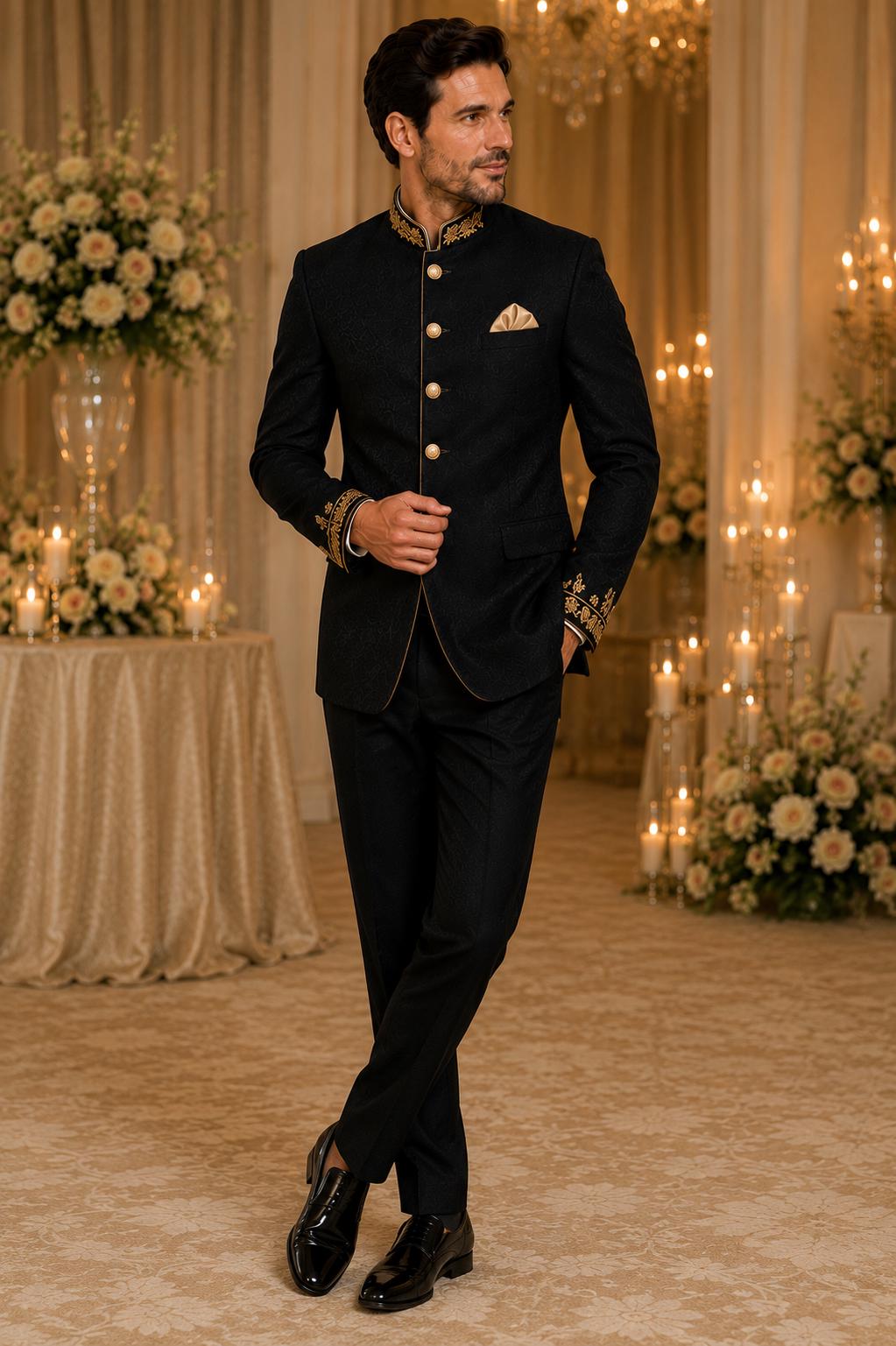 Men's Black Bandhgala Suit, Gold Embroidered Jodhpuri Wedding Groom Outfit