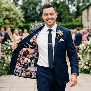 Luxe op maat gemaakte voering van fotopak, gepersonaliseerde blazerinterieur, satijnen paneel bruiloft geheugen, uniek cadeau bruidegom