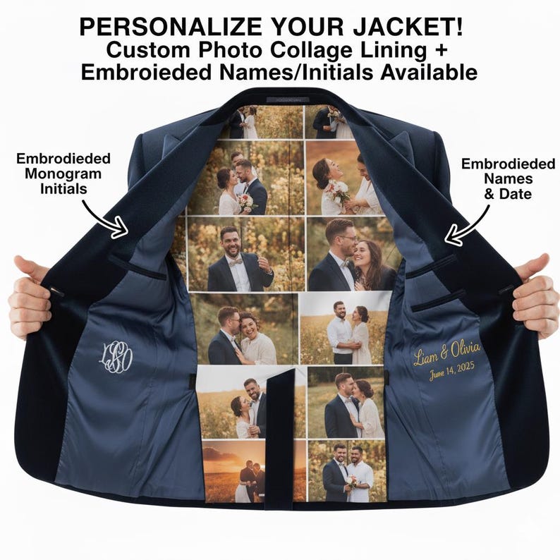 Custom Jacket Photo Frame Bespoke Navy Suit Jacket | Custom Photo Lining, Personalized Groom Gift ...