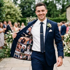 Luxe op maat gemaakte voering van fotopak, gepersonaliseerde blazerinterieur, satijnen paneel bruiloft geheugen, uniek cadeau bruidegom