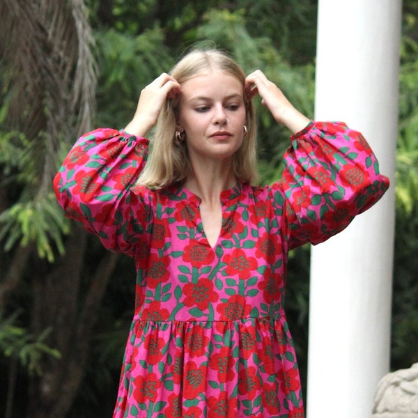 Block-Print-Kleid, Damenkleid, Baumwollkleid Sommerkleid Damen, Blumenkleid Damen, Boho-Kleid, Strandkleid, Boho-Strandhochzeitskleid