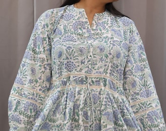 Block print dress Floral mini dress, Midi Cotton dress Summer midi dress with sleeves, floral dress women