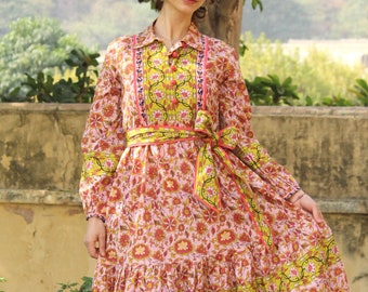 Hand Block Print Cotton Midi Dress, Summer Shirt Dress with Belt