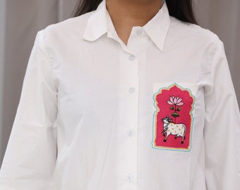 Geborduurd katoenen boho-shirt, button-down damesblouse