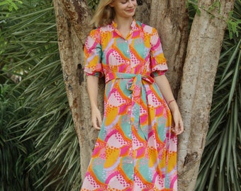 Boho dress summer, bohemain dress, hand block print dress, Midi dress women, shirt dress for women, summer dresses, Colorful dress