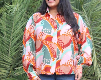 Viscoseblouse met geometrische print, zomershirt met lange mouwen