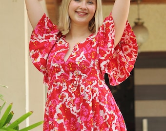 Block Print Cotton Summer Dress, Ruffle Sleeve Boho Midi