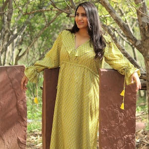 Zomer maxi-jurk, jurk met blokprint, Indiase jurken, etnische jurk, boho maxi-jurk met kwastjes