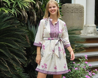 Hand Block Print Cotton Mini Dress, Adjustable Belt