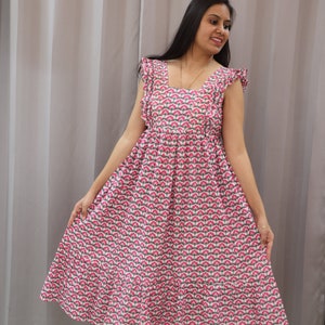 Summer midi dress, Handmade dress, cotton floral dress, Pink midi dress,boho dress cut sleeve dress